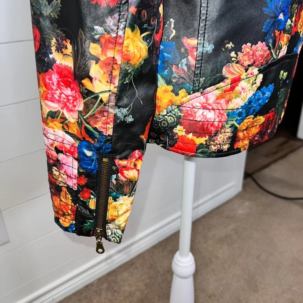 Multicolor Floral Pleather Long Sleeve Jacket Size M - Picture 8 of 10